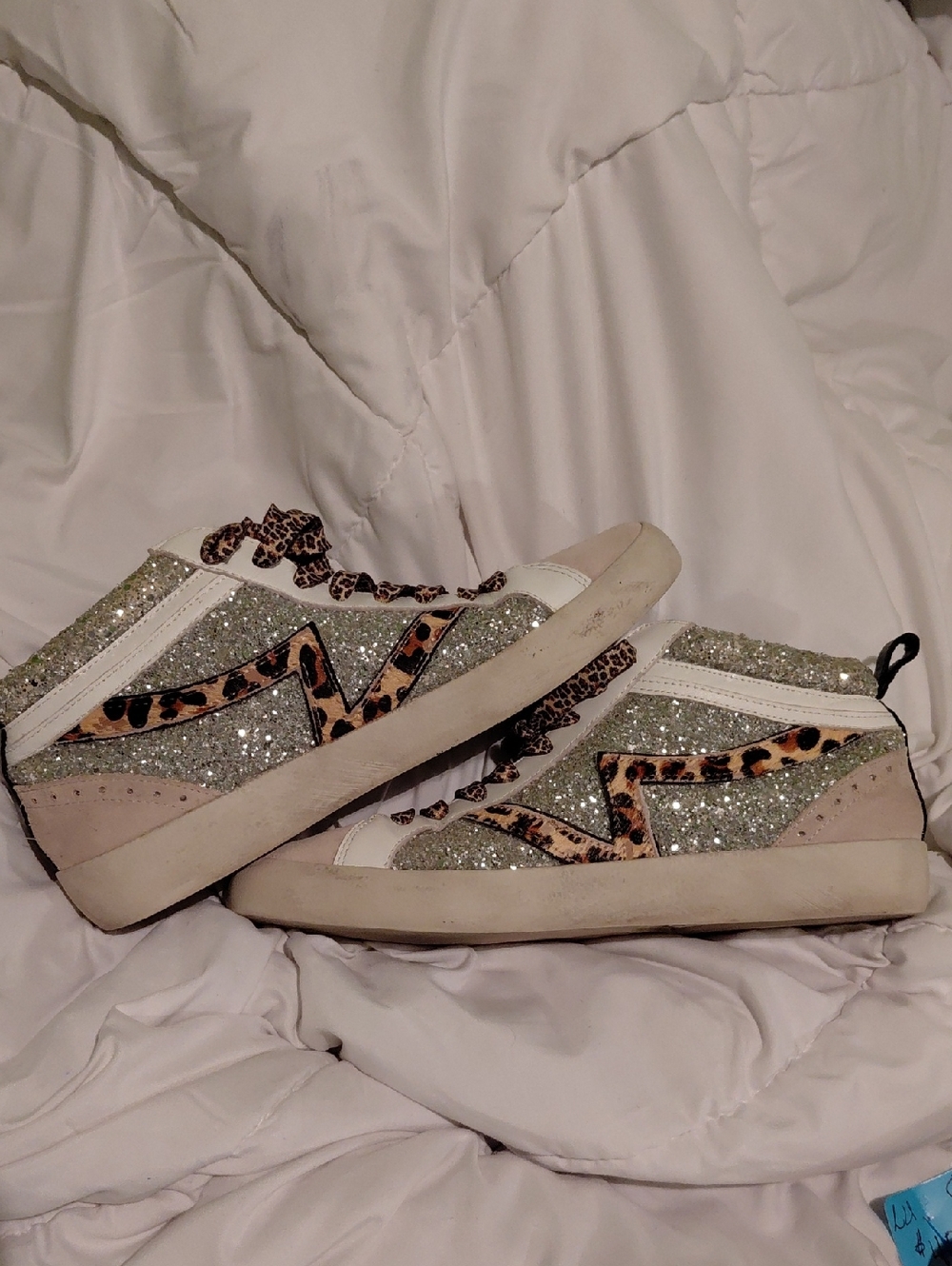 Gianni Bini Glitter & Leopard High-Top Sneakers - White, Silver & Tan